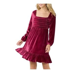 LC Lauren Conrad Dress Velvet Smocked Long Sleeve Ruffle Babydoll Size Large NWT